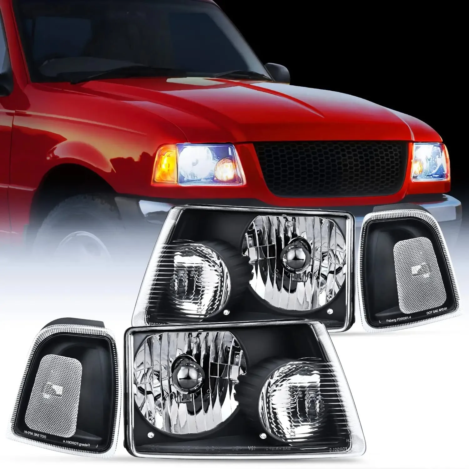 2001-2011 Ford Ranger Headlight Assembly Black Case Clear Reflector