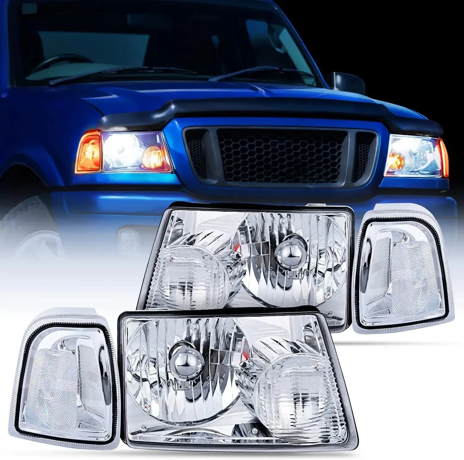 2001-2011 Ford Ranger Headlight Assembly Chrome Case Clear Reflector