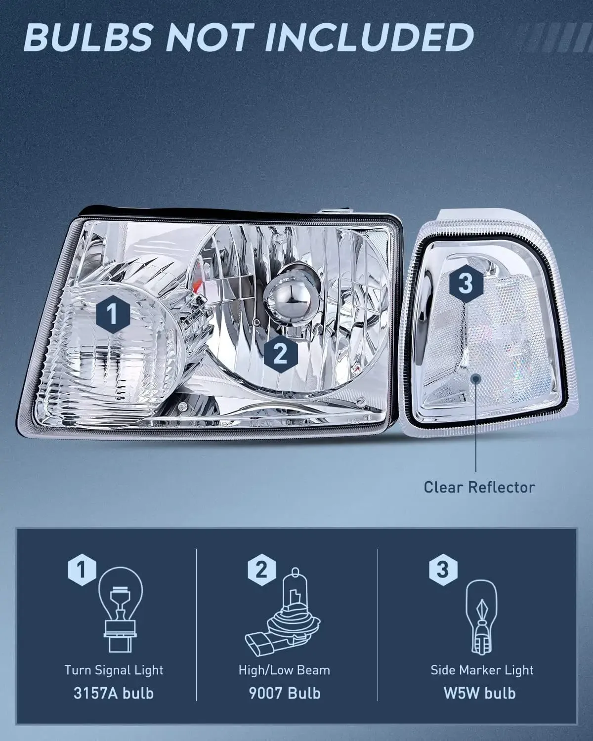2001-2011 Ford Ranger Headlight Assembly Chrome Case Clear Reflector