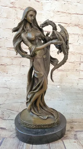 Khaleesi Daenerys Game of Thrones Girl w/ Dragon Bronze Statue Sculpture Figure 14" x 6"