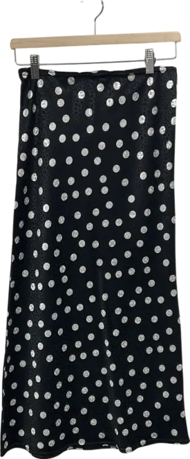 Rebellious Black White Polka Jacquard Print Satin Midi Skirt - Taija UK S