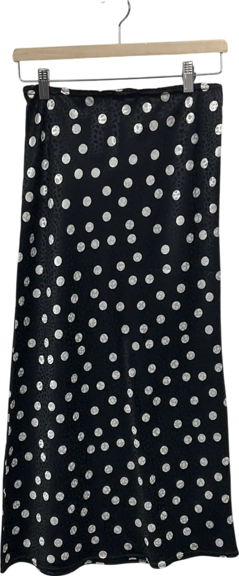 Rebellious Black White Polka Jacquard Print Satin Midi Skirt - Taija UK S