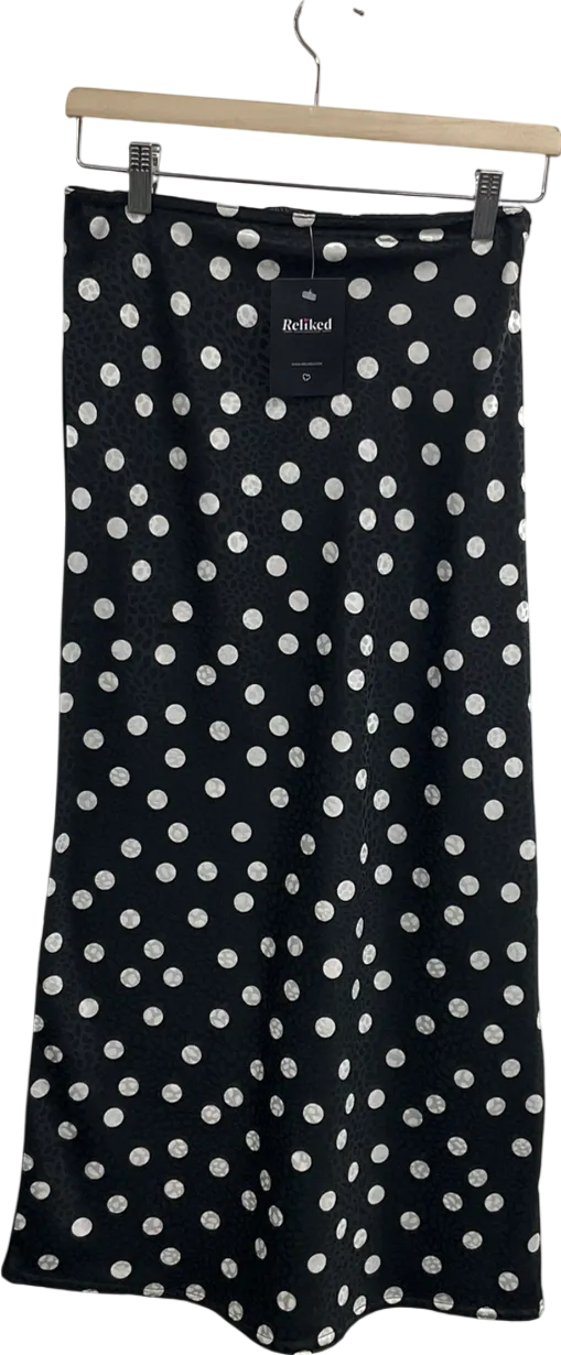 Rebellious Black White Polka Jacquard Print Satin Midi Skirt - Taija UK S