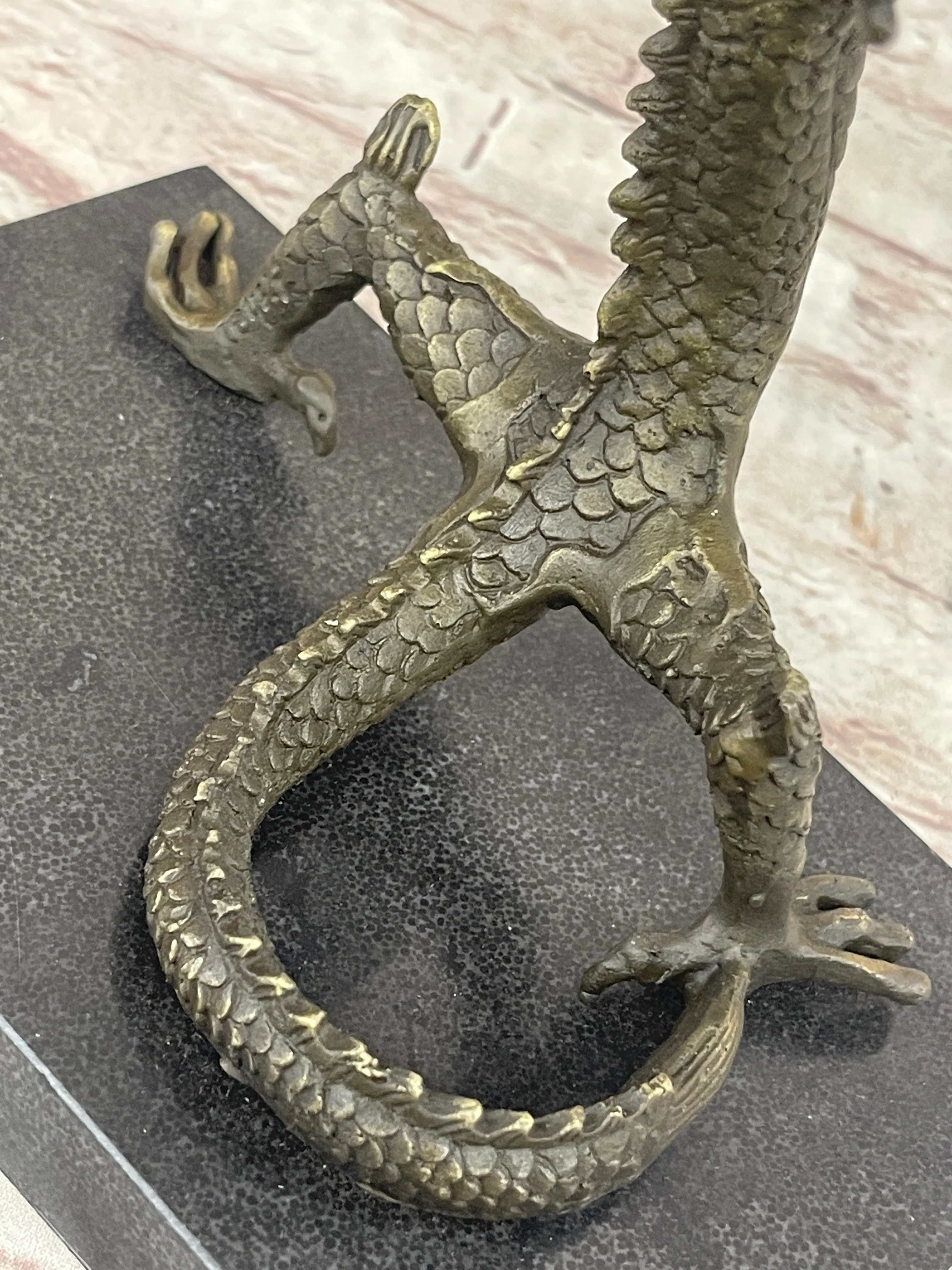 Skinny Chinese Dragon Bronze Sculpture Statue Figure on Marble Base
