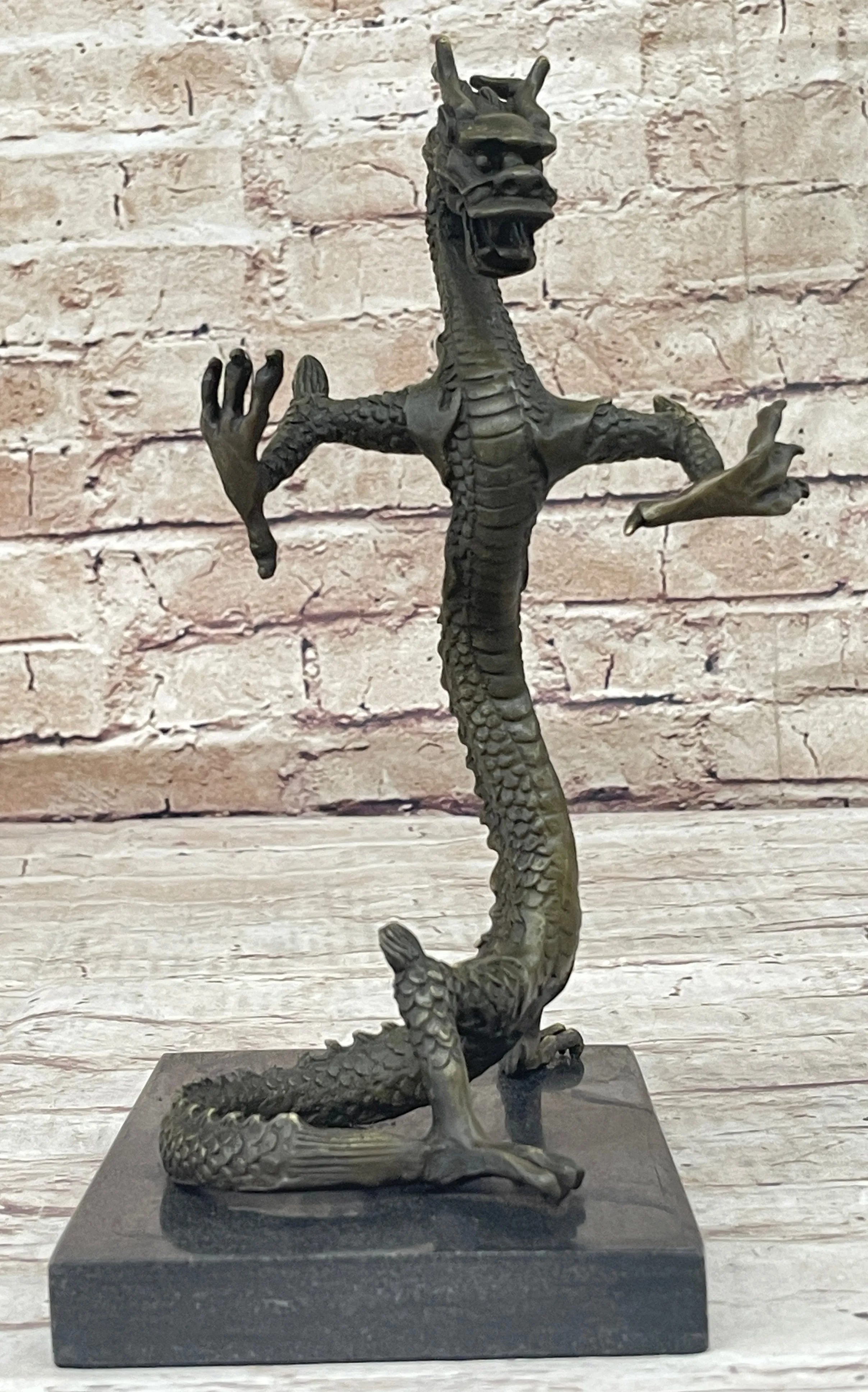 Skinny Chinese Dragon Bronze Sculpture Statue Figure on Marble Base