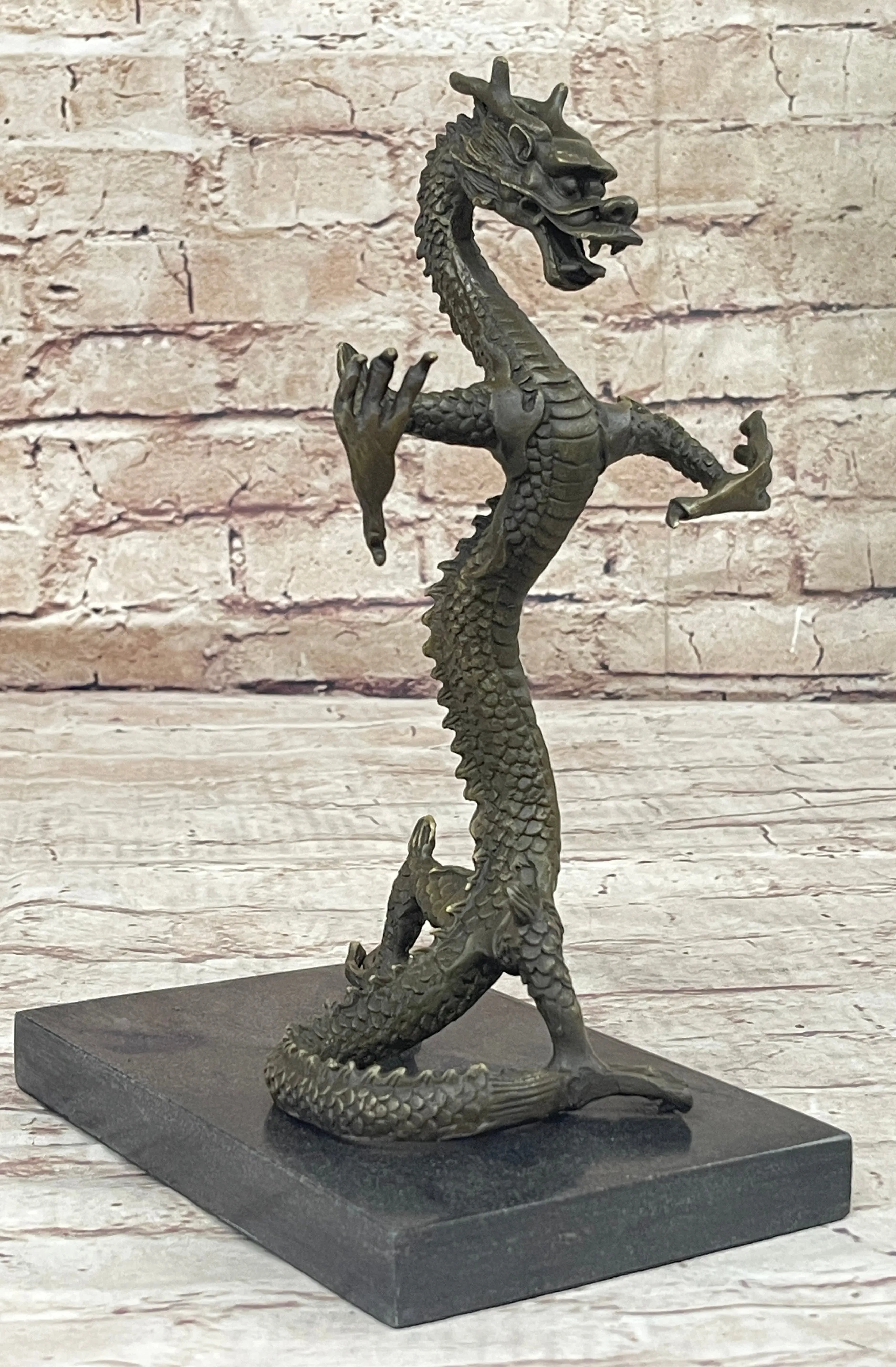 Skinny Chinese Dragon Bronze Sculpture Statue Figure on Marble Base