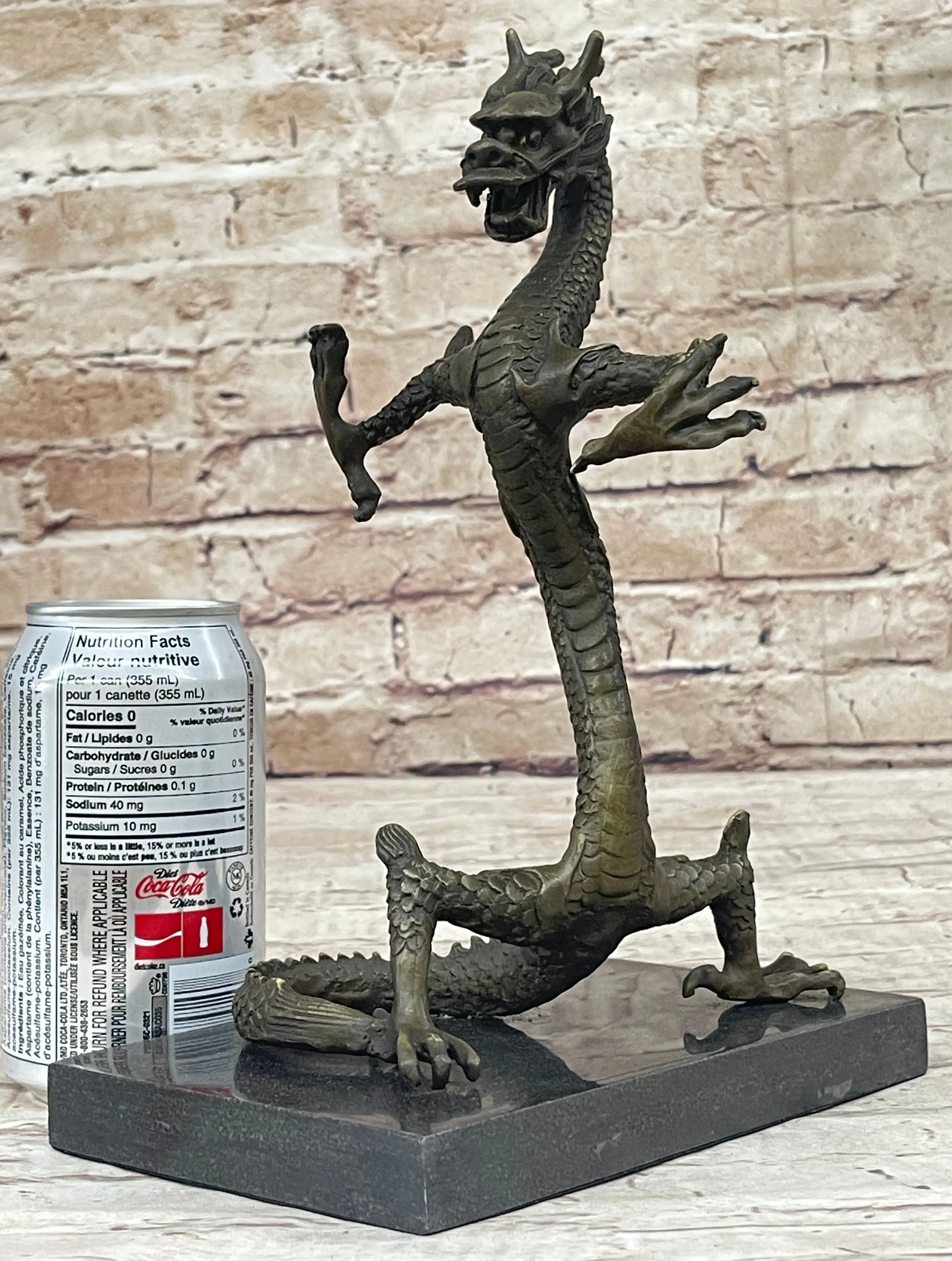Skinny Chinese Dragon Bronze Sculpture Statue Figure on Marble Base