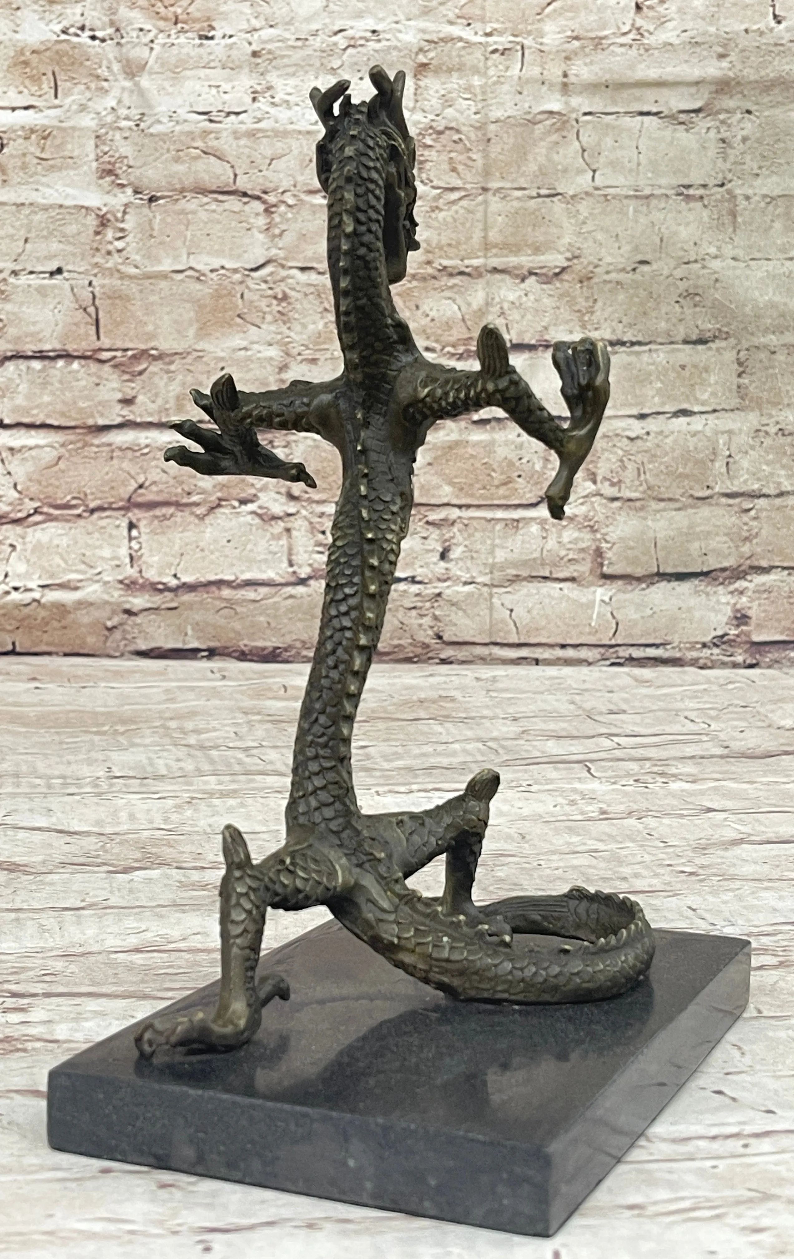 Skinny Chinese Dragon Bronze Sculpture Statue Figure on Marble Base