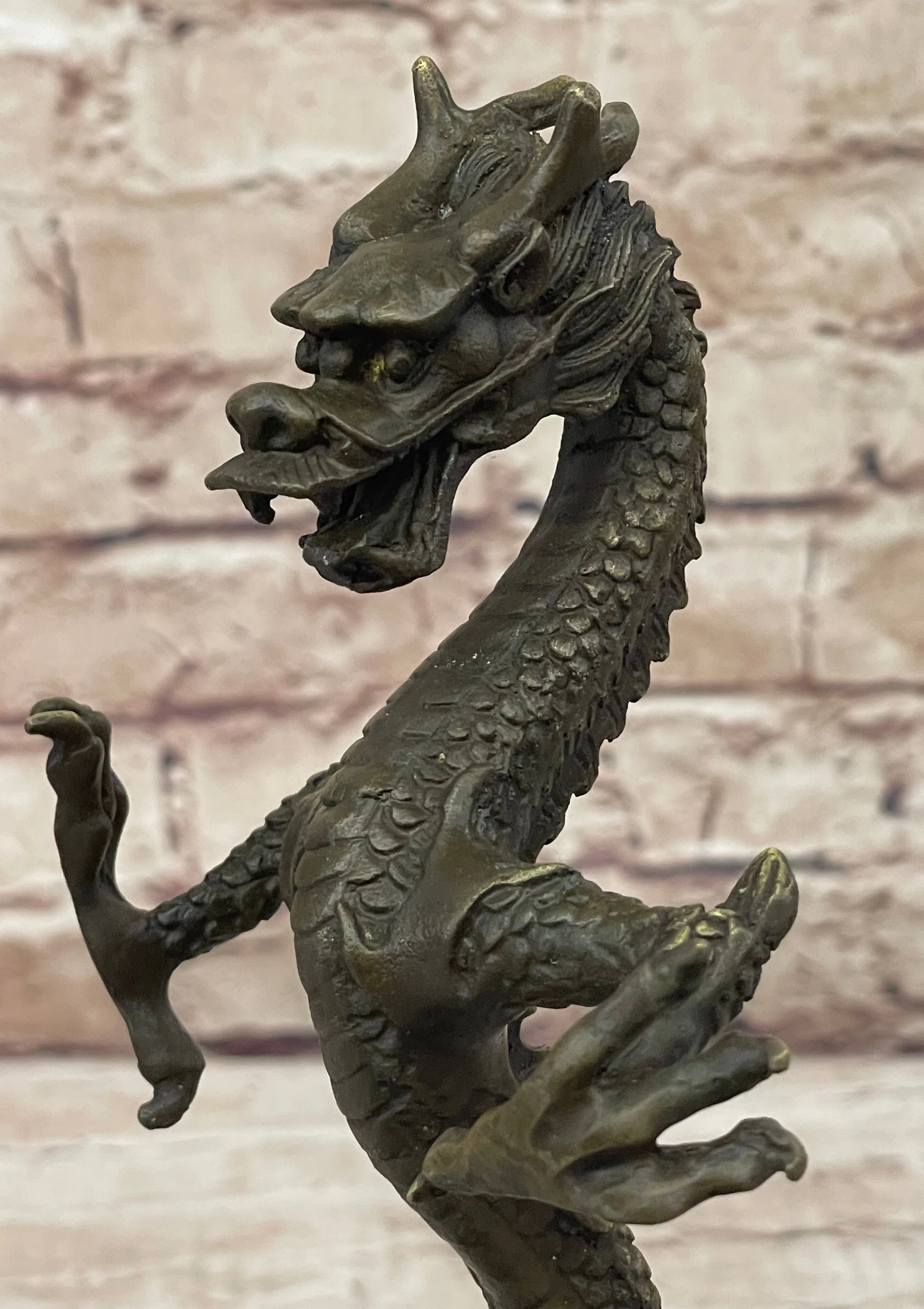 Skinny Chinese Dragon Bronze Sculpture Statue Figure on Marble Base