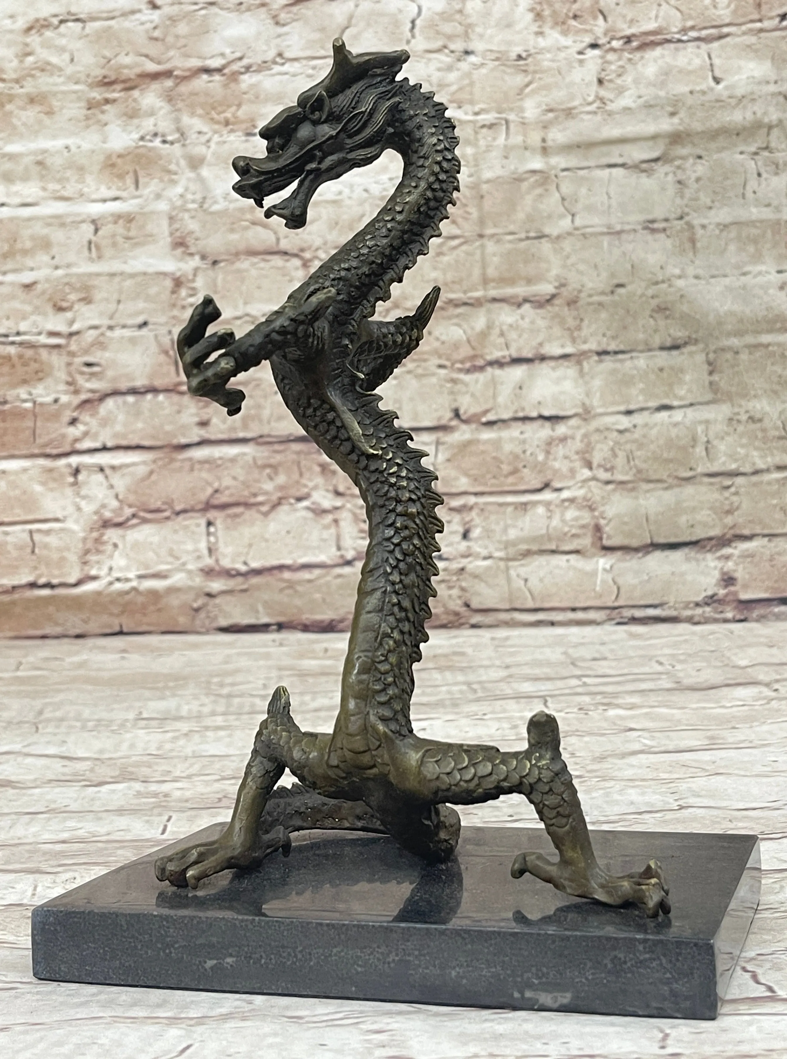 Skinny Chinese Dragon Bronze Sculpture Statue Figure on Marble Base