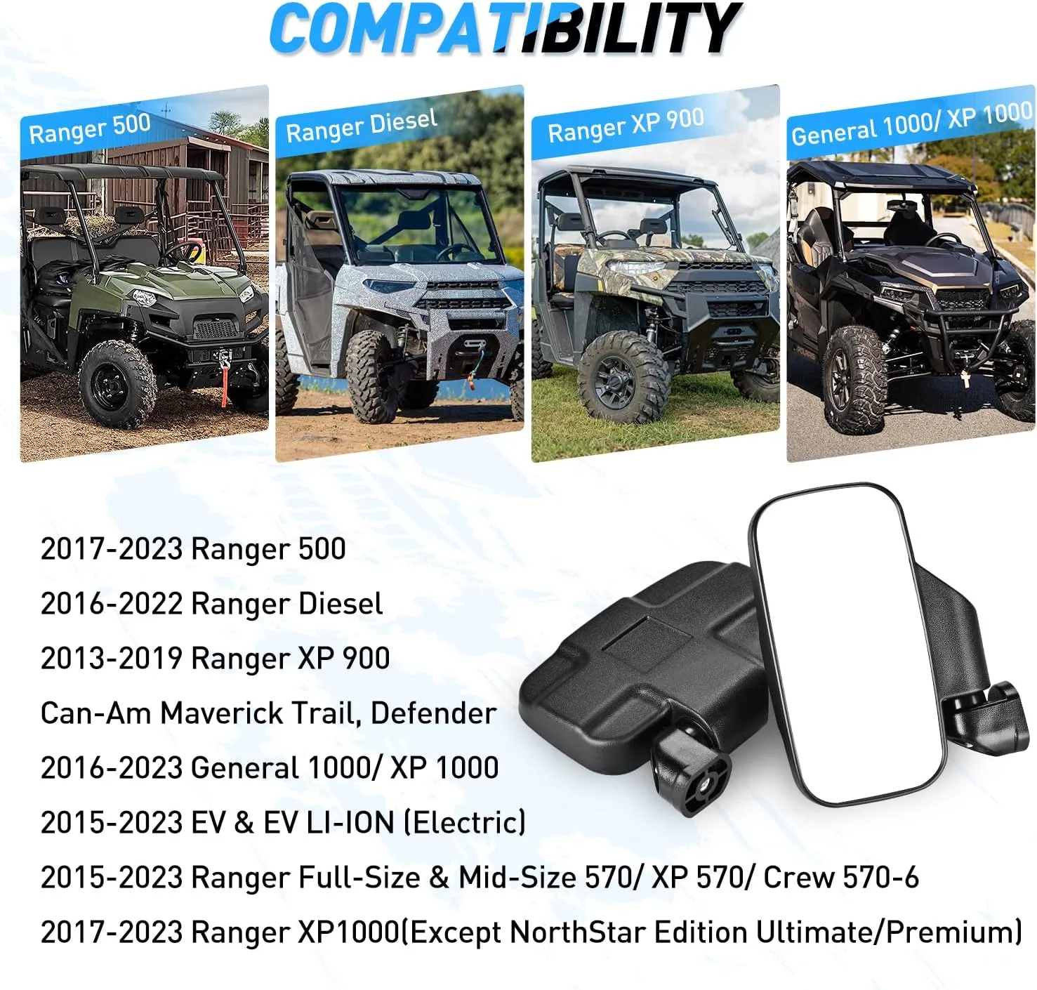 UTV Side Mirrors Fit For Profiled Tubes